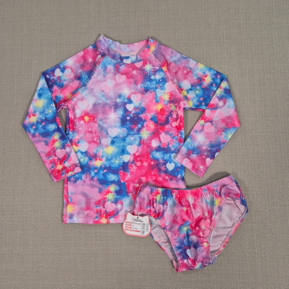 Girls Galaxy Heart Rash Guard Swimsuit Two Piece Set Pink Blue Size 105 (4-5Y)